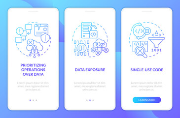 Procedural programming limitations blue gradient onboarding mobile app screen. Walkthrough 3 steps graphic instructions with linear concepts. UI, UX, GUI template. Myriad Pro-Bold, Regular fonts used