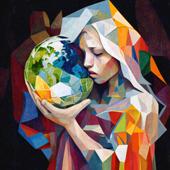 Cubism image of child cradling Earth