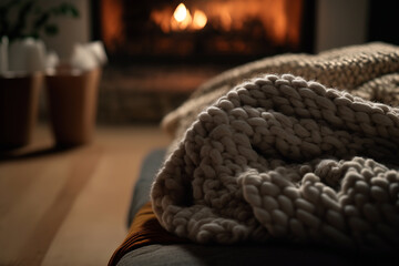 Knitted blanket in the living room with a fireplace. Merino wool background. designer blanket made of beige wool 