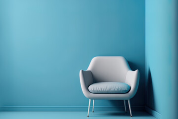 An armchair in a contemporary, minimalist space with a background of a blank, blue wall. Generative AI