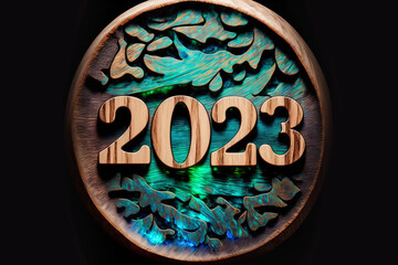 2023 new year on wooden abstract background in turquoise and brown color, colorful text for calendar poster, banner design. Gen Art
