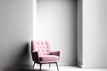 An armchair in a contemporary, minimalist setting against a background of a blank white wall. Generative AI