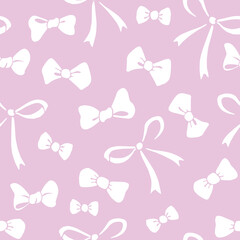 Seamless pattern with different white flat bows, ribbons isolated on pink background. Cute fun simple abstract vector texture for fabric, wrapping paper, girls design
