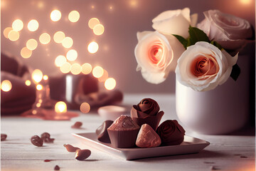 Delicious chocolate pralines and roses. Generative AI