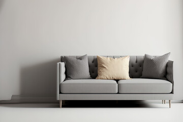 Interior wall mock up of a living room with a gray cloth sofa and pillows against a white background and a free space on the right. Generative AI