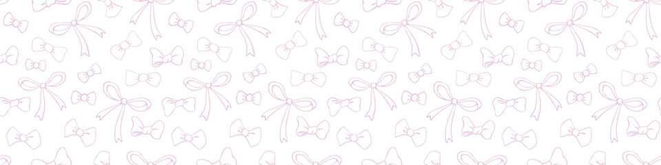 Seamless pattern with outline pink different bows, ribbons. Cute fun simple abstract vector background, texture for fabric, wrapping paper, kids design
