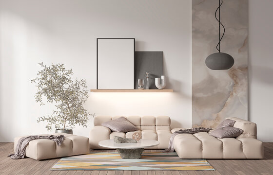 mock up poster frame in modern interior background, living room, Contemprorary style, 3D render, 3D illustration	