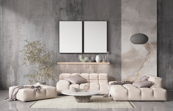 mock up poster frame in modern interior background, living room, Contemprorary style, 3D render, 3D illustration	