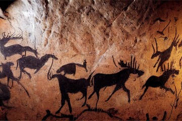 Prehistorical cave paintings of hunting scene with deers and horses and wolves neanderthal primitive art inspired by Lascaux caves