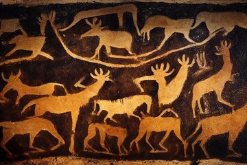 Prehistorical cave paintings of hunting scene with deers and horses and wolves neanderthal primitive art inspired by Lascaux caves