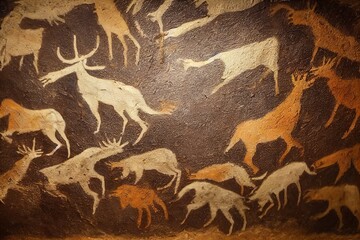 Prehistorical cave paintings of hunting scene with deers and horses and wolves neanderthal primitive art inspired by Lascaux caves - obrazy, fototapety, plakaty