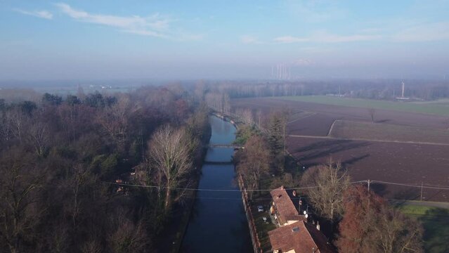 Aerial view of the Naviglio Grande, Castelletto Di Cuggiono, near Milan, Italy