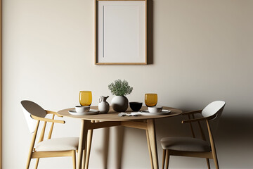 With a wooden family table, modern seats, a cup of coffee, tableware, a beige wall, and personal items, the dining area has a minimalist design. Copy the blank space. Generative AI