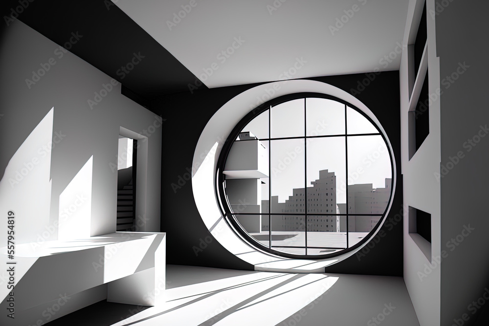 Poster abstract multilevel public space interior in white and black with a window. generative ai