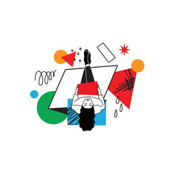 Hand drawn vector illustration of people in different poses and various geometric shapes. Outline characters, colorful abstract figures.