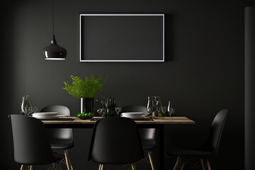 Interior of a modern, dark dining area with a mock up of a black wall. Generative AI