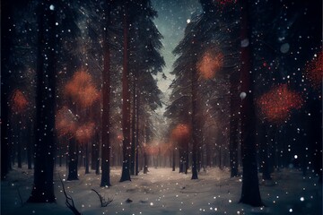 Cold winter snowflakes on forest. Generative AI