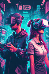 Man and woman playing metaverse, VR