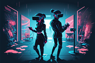 Obraz na płótnie Canvas Man and woman playing metaverse, VR