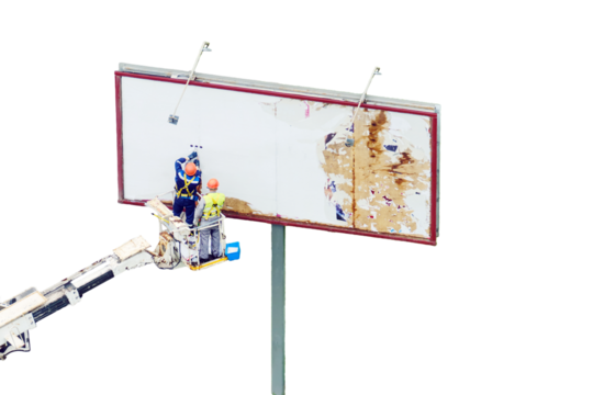 Workers upgrading billboard outdoor, on roadside of city street, isolated on a white background