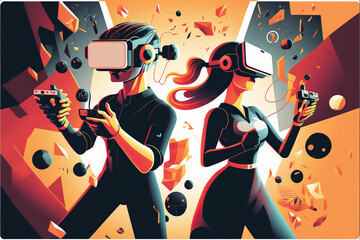 Man and woman play metaverse virtual digital, Metaverse, VR, AR