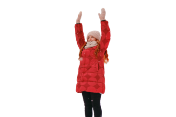 A happy woman is engaged in sports exercises during a training session in a winter forest with trees in the snow, isolated on a white background
