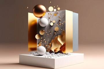 Abstract background with geometric shape podium for product in pastel colors with gold elements. Gen Art