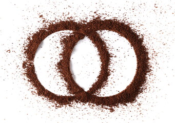 Milled coffee powder pile, round blank frame isolated on white, top view