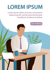 Young businessman in tie works in the office. Sits at the table with a laptop. Concept work and business. Design for poster, banner, website. Vector illustration