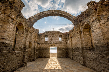 Zhrebchevo dam, Bulgaria, view from inside the sunken stone church.