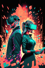 Fototapeta na wymiar Metaverse, VR, AR, virtual reality game playing, man and woman play metaverse virtual digital, ai