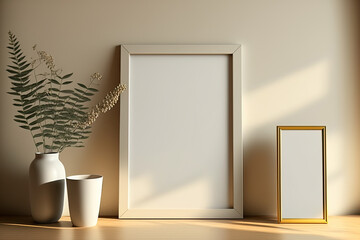 Mockup of a blank picture frame in a beige room,. Generative AI
