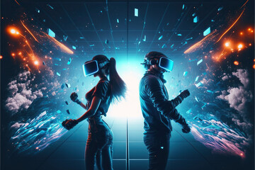 Metaverse, VR, AR,  virtual reality game playing, man and woman play metaverse virtual digital, ai