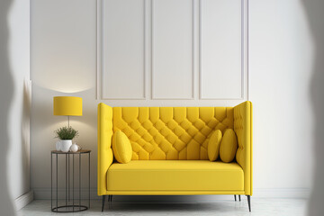 a picture of a living room. The colors of 2021. Yellow sofa close to the white wall. Generative AI