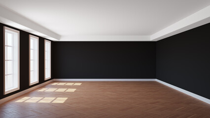 Empty Interior with Black Walls, Three Windows, White Ceiling Cornice, Glossy Herringbone Parquet Floor and a White Plinth. 3D Rendering with a Work Path on the Window. 8K Ultra HD, 7680x4320, 300 dpi