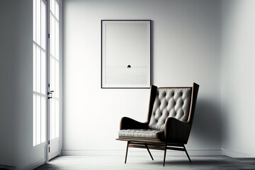An armchair in a contemporary, minimalist setting against a background of a blank white wall. Generative AI