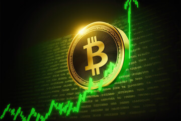Bitcoin digital cryptocurrency on green chart background