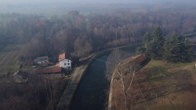 Aerial view of the Naviglio Grande, Castelletto Di Cuggiono, near Milan, Italy