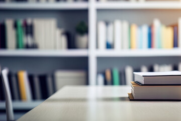 Cropped image of a white table in a murky study room filled with books, office supplies, and copy space. Generative AI