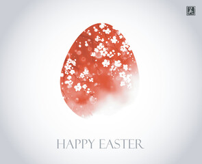Easter greeting card with pink sakura flowers in easter egg on white background. Traditional minimalist Japanese ink wash painting sumi-e. Translation of hieroglyph - beauty