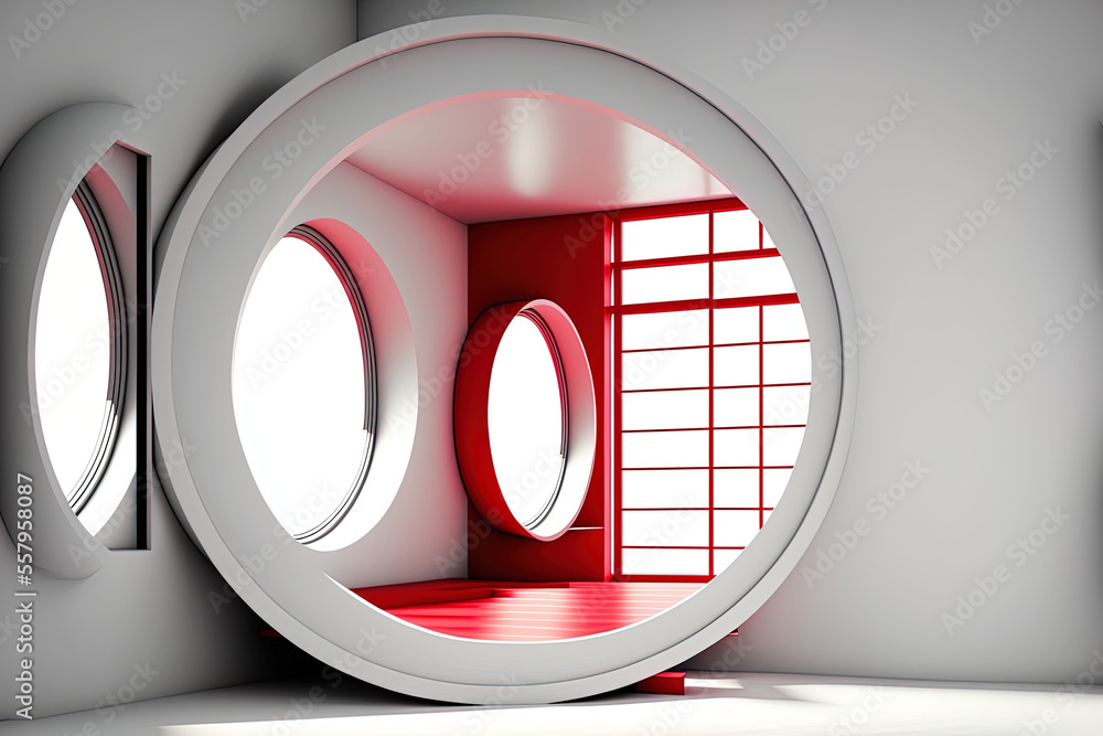 Poster a multilevel, white interior with a window in an abstract red drawing is used. generative ai