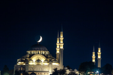 Fototapeta na wymiar Islamic photo. Suleymaniye Mosque and crescent moon on the dome.