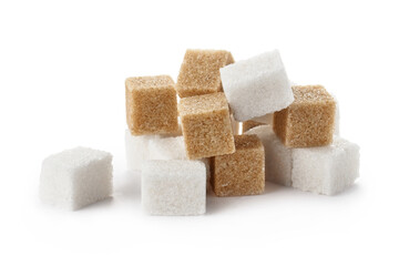 White and brown sugar cubes, isolated on white background