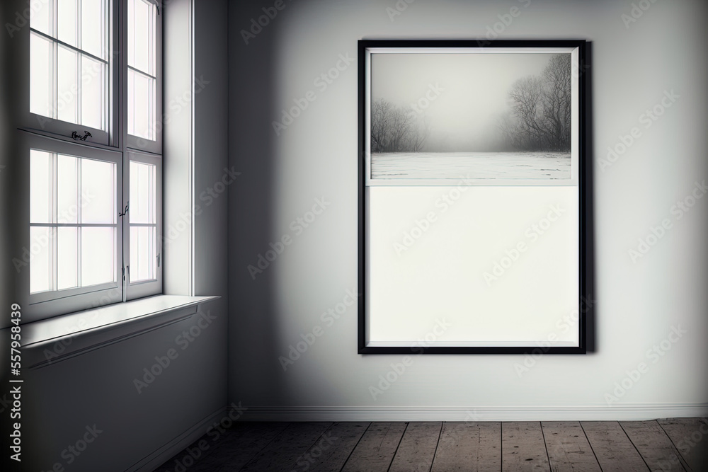 Poster the room includes picture frames and a window that lets light in. generative ai