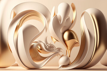 3D render abstract geometric background, ivory and gold creative shapes. Ai generated