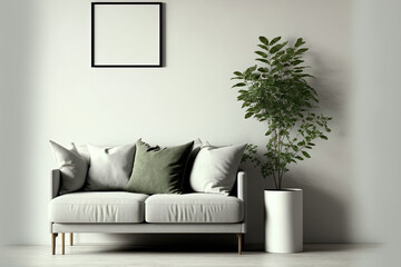 Mockup of a white interior wall with a gray sofa, beige pillows, and a green plant in a vase. Right hand blank space, illustrative. Generative AI