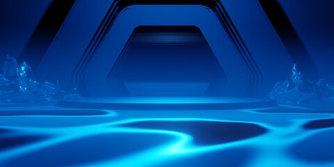 gaming background abstract wallpaper, cyberpunk style scifi game, neon glow of stage scene in pedestal display room, 3d illustration rendering, esports team concept