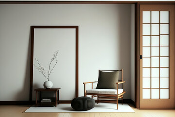 Fototapeta na wymiar Japanese wooden armchair and partition in a room with a tatami mat floor and a white wall. Generative AI