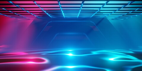 gaming background abstract wallpaper, cyberpunk style scifi game, neon glow of stage scene in pedestal display room, 3d illustration rendering, esports team concept