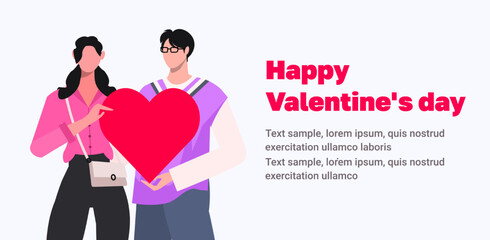 A young loving smiling couple is standing, hugging each other holding a red heart in their hand. Relationship, Love, Valentine's day, Romantic concept. Colored flat vector illustration 